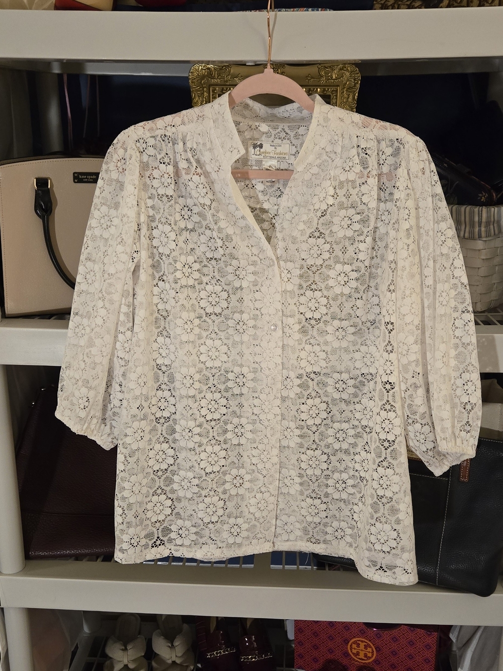 Vintage Carefree Fashions Boho/Coquette/Prarie Chic White Lace Button-Front Top